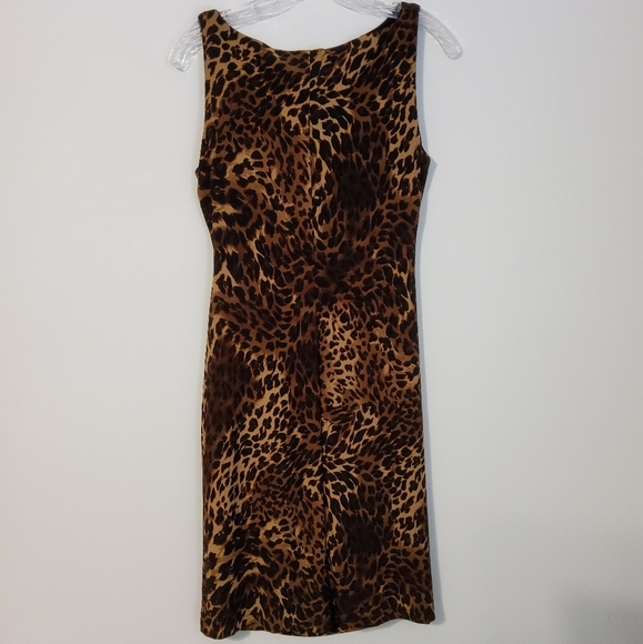 Ralph Lauren Brown/Black Animal Print Sleeveless Ruched Dress Boatneck Size 4 - Picture 2 of 7
